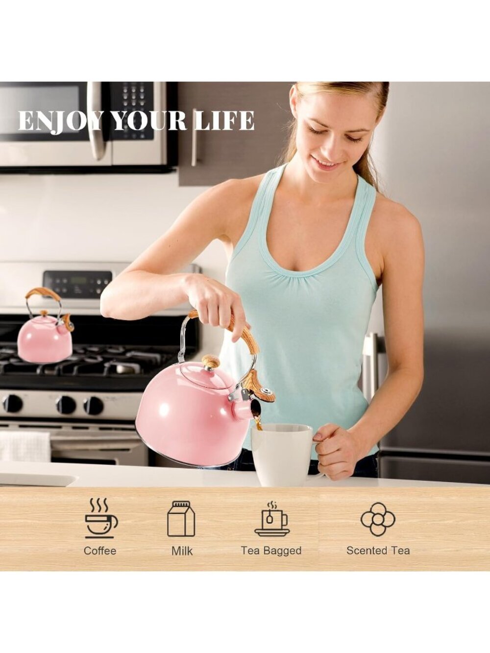 GGC Pink Stainless Steel Kettles 2.6QT Whistling Stove Top Folding Wood Handle - Picture 6 of 6